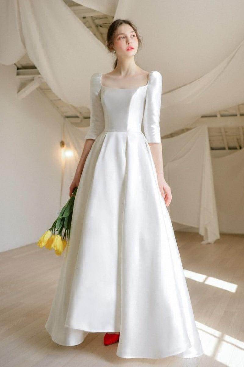 A-Line High-Low Satin Wedding Dress 675834048411 - COCOMELODY